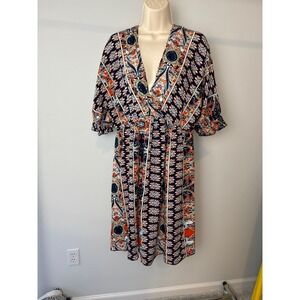 Multi-Colored V‎ Neck and V Back Short Sleeve Dress Large Pre-owned